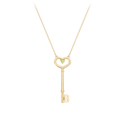 Initial Heart Key Necklace with Gemstone - B – 18K Gold Plated Silver with Peridot