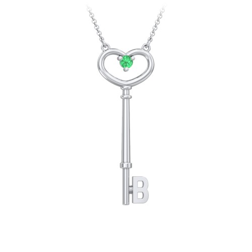 Initial Heart Key Necklace with Gemstone - B – Sterling Silver with Emerald