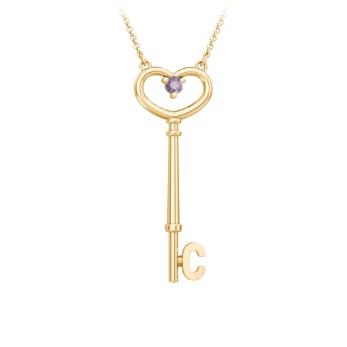 Initial Heart Key Necklace with Gemstone - C