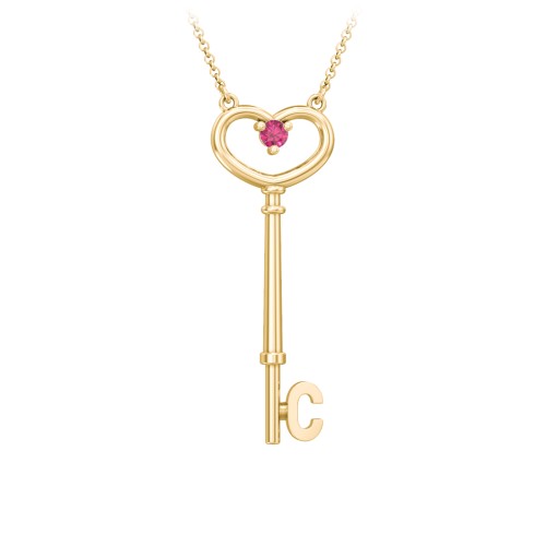 Initial Heart Key Necklace with Gemstone - C – 18K Gold Plated Silver with Ruby