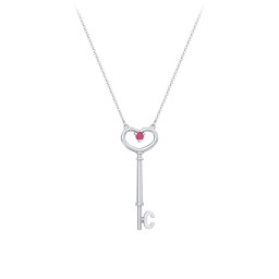 Initial Heart Key Necklace with Gemstone - C in 925 Sterling Silver with Red Premium Zirconia