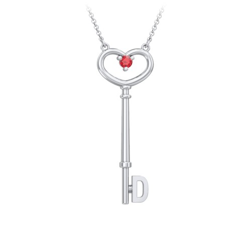 Initial Heart Key Necklace with Gemstone - D