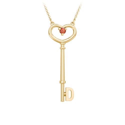 Initial Heart Key Necklace with Gemstone - D – 18K Gold Plated Silver with Garnet