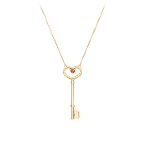 Initial Heart Key Necklace with Gemstone - D – 18K Gold Plated Silver with Garnet