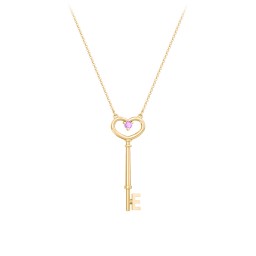 Initial Heart Key Necklace with Gemstone - E in 18K Gold Plated Silver with Amethyst