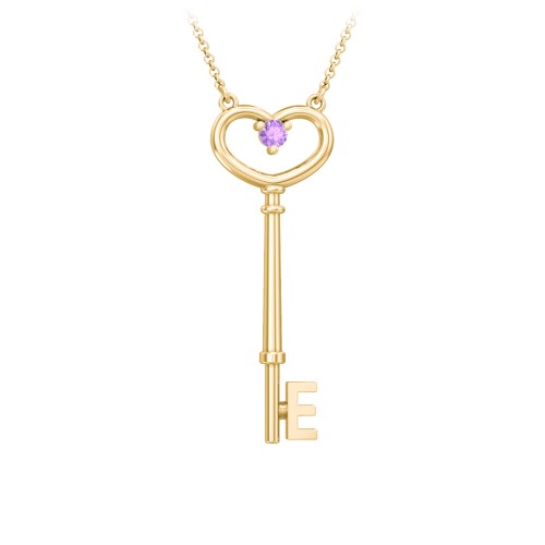 Initial Heart Key Necklace with Gemstone - E – 18K Gold Plated Silver with Amethyst