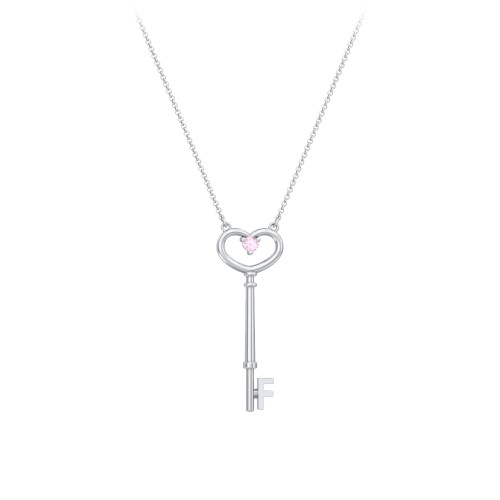 Initial Heart Key Necklace with Gemstone - F
