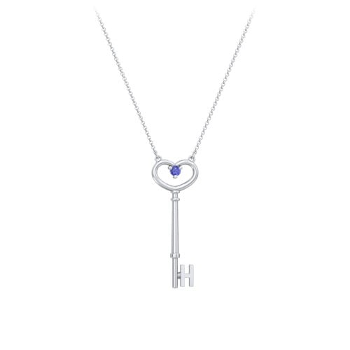 Initial Heart Key Necklace with Gemstone - H