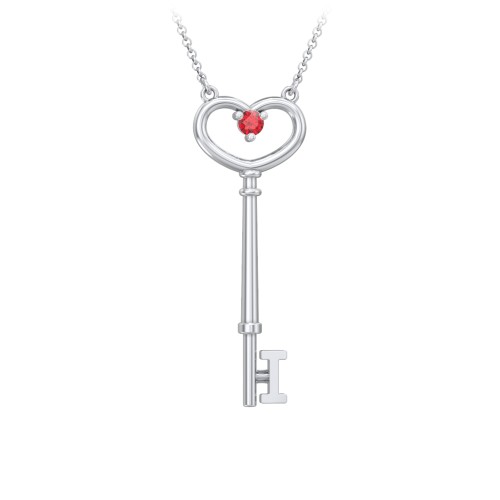 Initial Heart Key Necklace with Gemstone - I