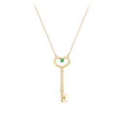 Initial Heart Key Necklace with Gemstone - I in 18K Gold Plated Silver with Emerald