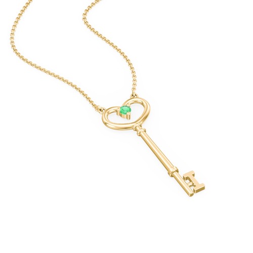 Initial Heart Key Necklace with Gemstone - I – 18K Gold Plated Silver with Emerald