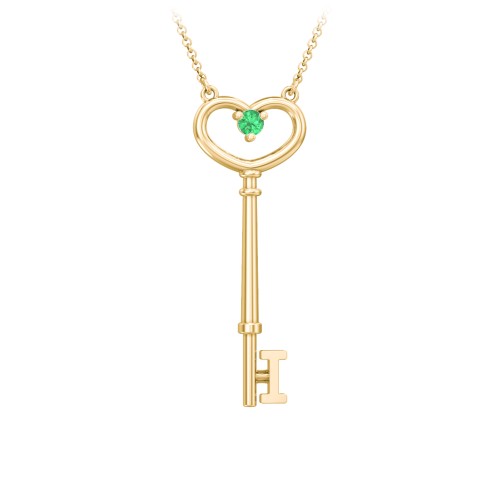 Initial Heart Key Necklace with Gemstone - I – 18K Gold Plated Silver with Emerald