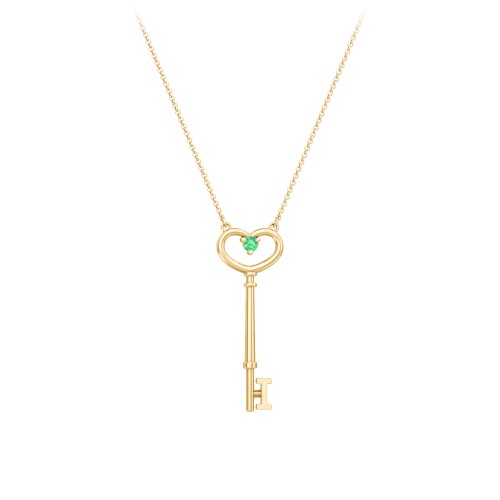 Initial Heart Key Necklace with Gemstone - I – 18K Gold Plated Silver with Emerald