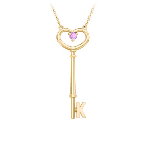 Initial Heart Key Necklace with Gemstone - K – 18K Gold Plated Silver with Amethyst