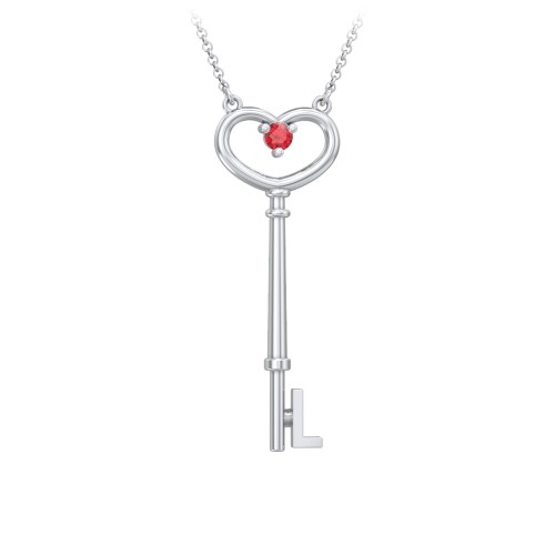 Initial Heart Key Necklace with Gemstone - L