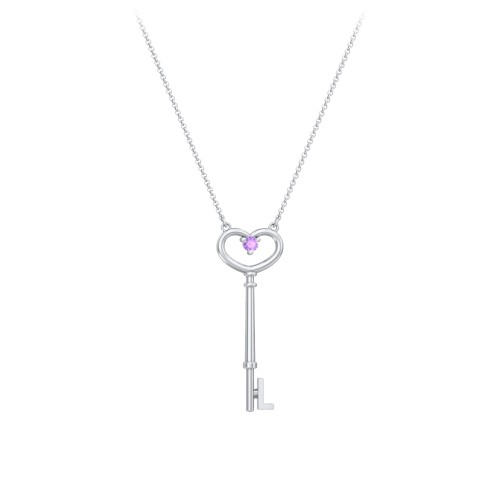 Initial Heart Key Necklace with Gemstone - L