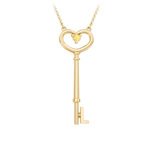 Initial Heart Key Necklace with Gemstone - L – 18K Gold Plated Silver with Citrine
