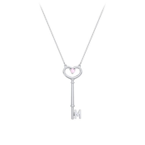 Initial Heart Key Necklace with Gemstone - M