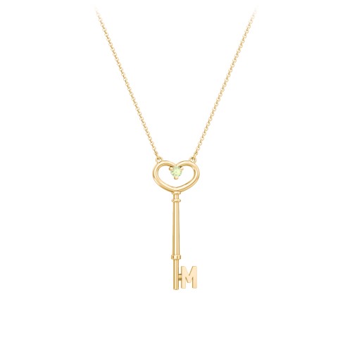 Initial Heart Key Necklace with Gemstone - M – 18K Gold Plated Silver with Peridot