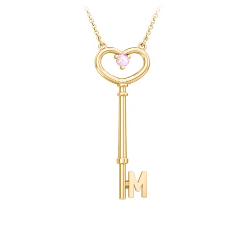 Initial Heart Key Necklace with Gemstone - M – 18K Gold Plated Silver with Pink Tourmaline