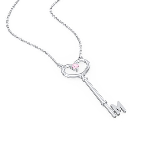 Initial Heart Key Necklace with Gemstone - M – Sterling Silver with Pink Tourmaline