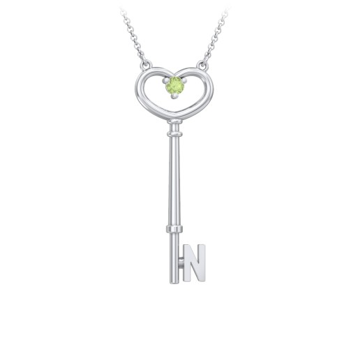 Initial Heart Key Necklace with Gemstone - N