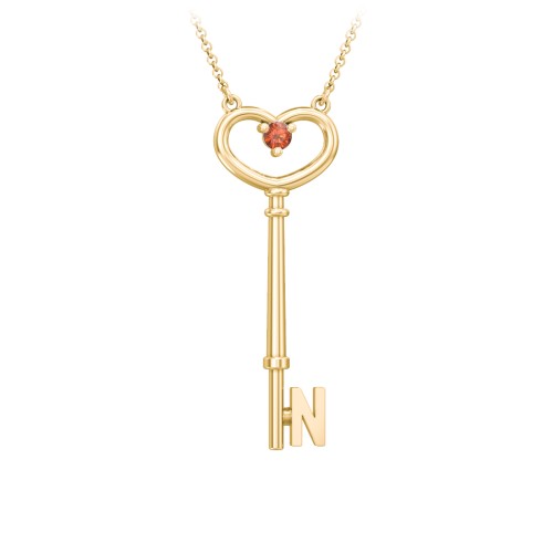 Initial Heart Key Necklace with Gemstone - N – 18K Gold Plated Silver with Garnet