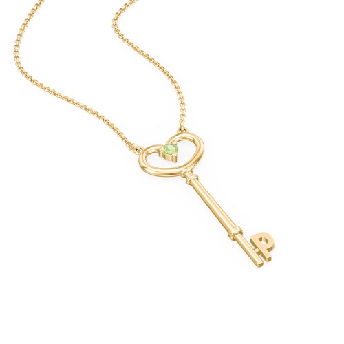 Initial Heart Key Necklace with Gemstone - P – 18K Gold Plated Silver with Peridot