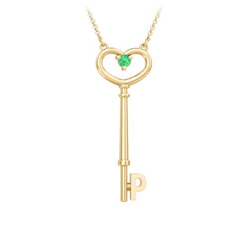 Initial Heart Key Necklace with Gemstone - P – 18K Gold Plated Silver with Emerald