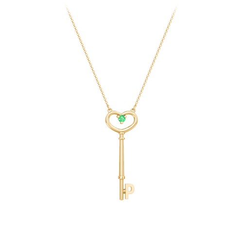 Initial Heart Key Necklace with Gemstone - P – 18K Gold Plated Silver with Emerald