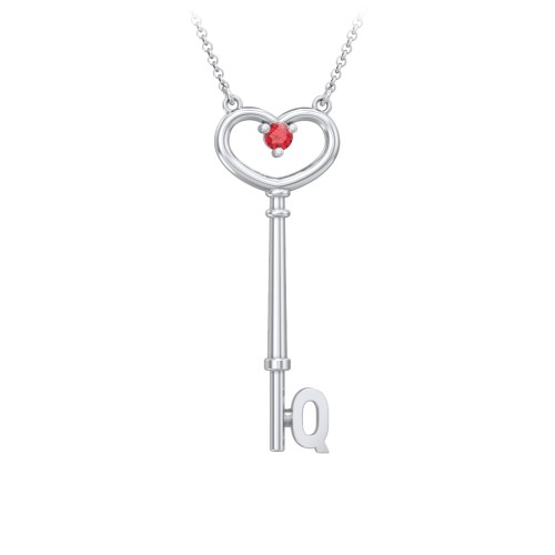 Initial Heart Key Necklace with Gemstone - Q