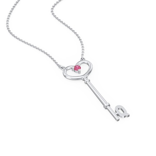 Initial Heart Key Necklace with Gemstone - Q – Sterling Silver with Ruby