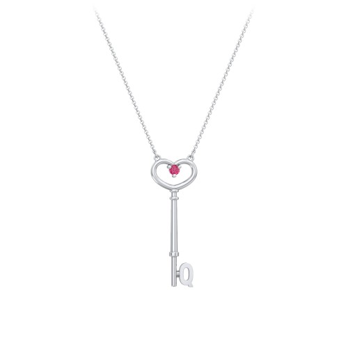 Initial Heart Key Necklace with Gemstone - Q – Sterling Silver with Ruby