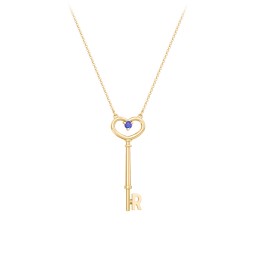 Initial Heart Key Necklace with Gemstone - R in 18K Gold Plated Silver with Blue Sapphire