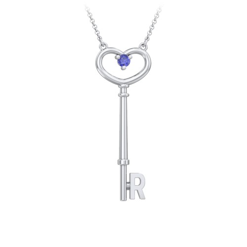 Initial Heart Key Necklace with Gemstone - R – Sterling Silver with Blue Sapphire