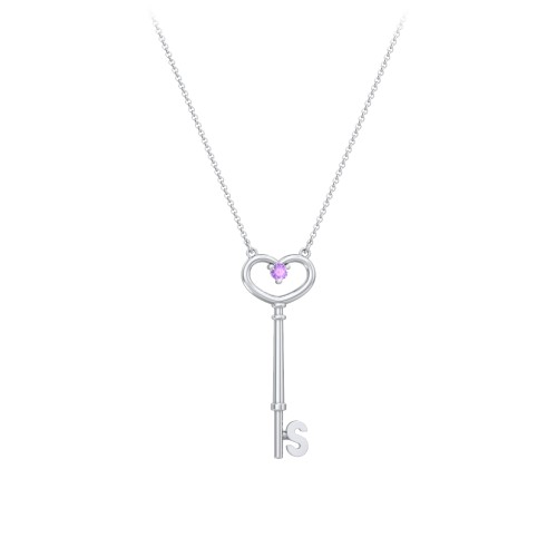 Initial Heart Key Necklace with Gemstone - S