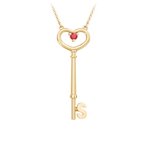 Initial Heart Key Necklace with Gemstone - S – 18K Gold Plated Silver with Garnet