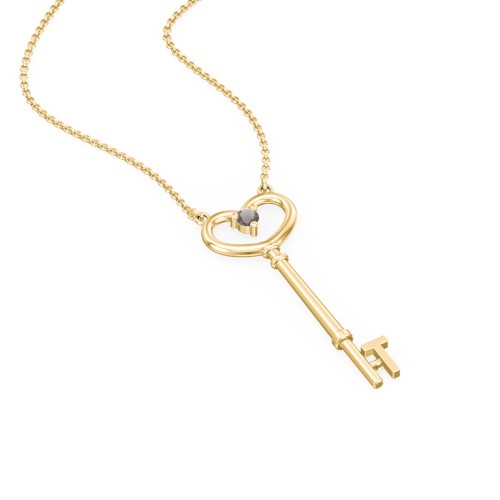 Initial Heart Key Necklace with Gemstone - T – 18K Gold Plated Silver with Smokey Quartz