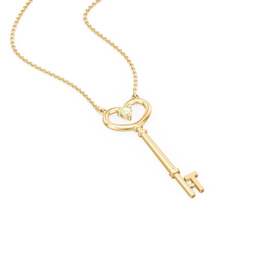 Initial Heart Key Necklace with Gemstone - T – 18K Gold Plated Silver with Peridot