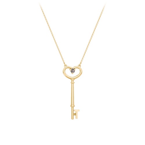 Initial Heart Key Necklace with Gemstone - T – 18K Gold Plated Silver with Smokey Quartz