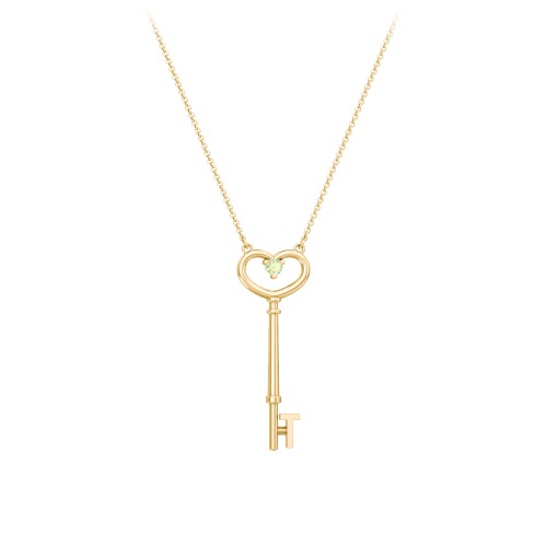 Initial Heart Key Necklace with Gemstone - T – 18K Gold Plated Silver with Peridot