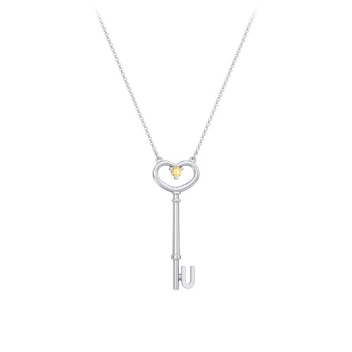 Initial Heart Key Necklace with Gemstone - U