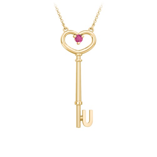 Initial Heart Key Necklace with Gemstone - U – 18K Gold Plated Silver with Ruby
