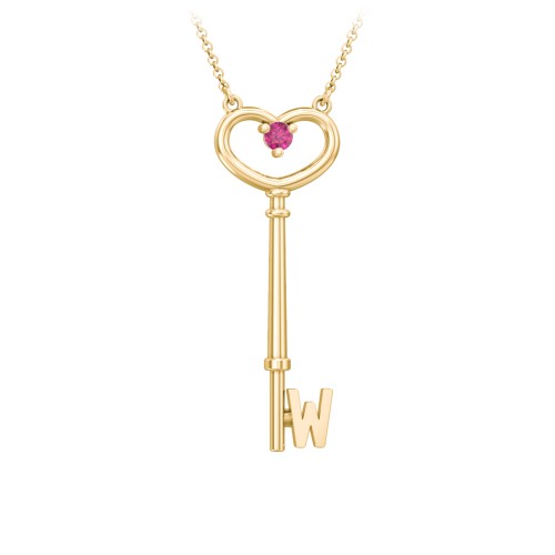 Initial Heart Key Necklace with Gemstone - W – 18K Gold Plated Silver with Ruby