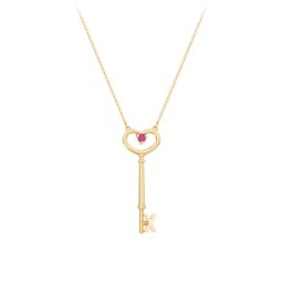 Initial Heart Key Necklace with Gemstone - X in 18K Gold Plated Silver with Red Premium Zirconia