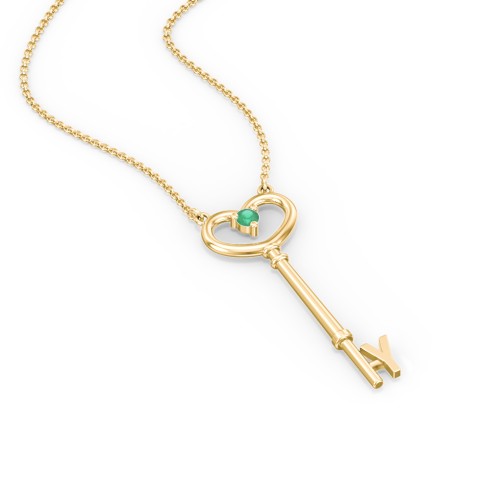 Initial Heart Key Necklace with Gemstone - Y – 18K Gold Plated Silver with Emerald