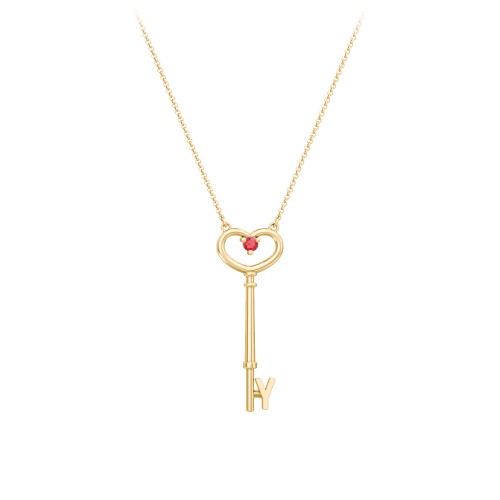 Initial Heart Key Necklace with Gemstone - Y – 18K Gold Plated Silver with Garnet