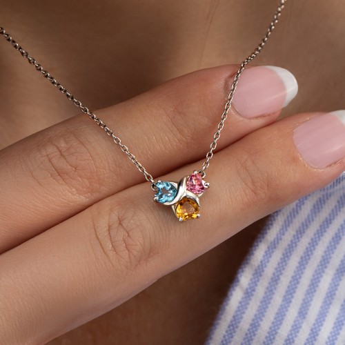Love and Kisses 3 Gemstone Pendant – Sterling Silver with Pink Tourmaline, Ruby, and Amethyst