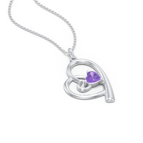 Intertwined Heart In Heart Pendant with Gemstone – Sterling Silver with Amethyst
