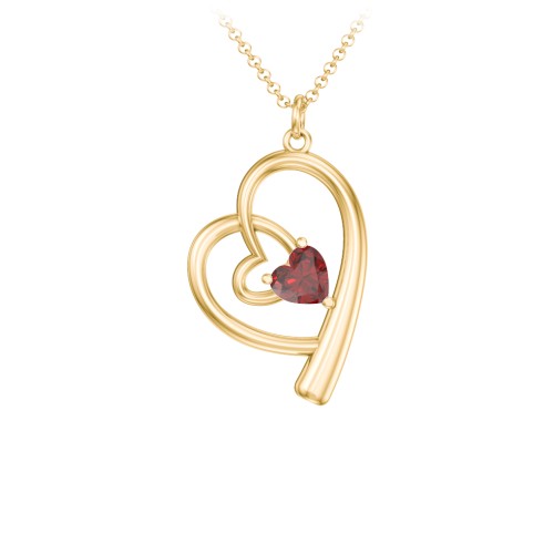 Intertwined Heart In Heart Pendant with Gemstone – 10K Yellow Gold with Garnet